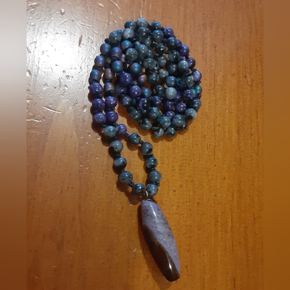 BEAUTIFUL- Handmade Charoite, Larvikite, Rainbow Titanium, Agate, Hemp Necklace